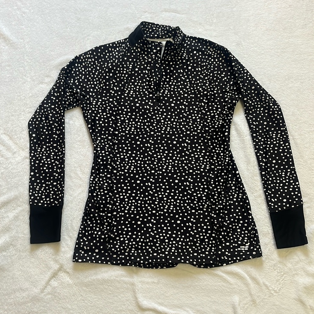 bcg black with white polka dot fitted long sleeve top with 3/4 zip